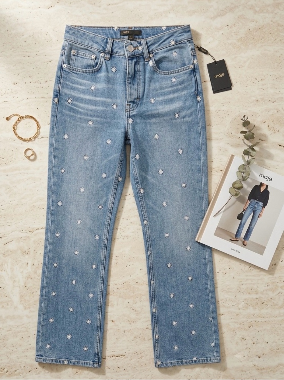 Maje Blue Denim Jeans with White Star Embroidery NWT